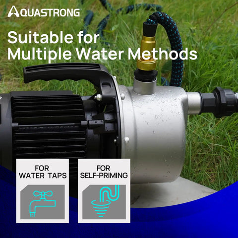 115V Shallow Well Garden Pump Workhorse With Stainless Steel Build, showing water connection options on grass