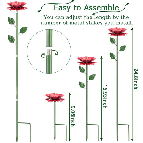 Two Pack Metal Bee Watering Station With Flower Design And Colorful Butterfly Bath Outdoor Garden Yard Patio Decor illustration showing adjustable heights with metal stakes.
