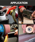 Various applications of No Nonsense Heavy Duty Sanding Belts 2X63 Inches for wood and metal grinding in a workshop setting.