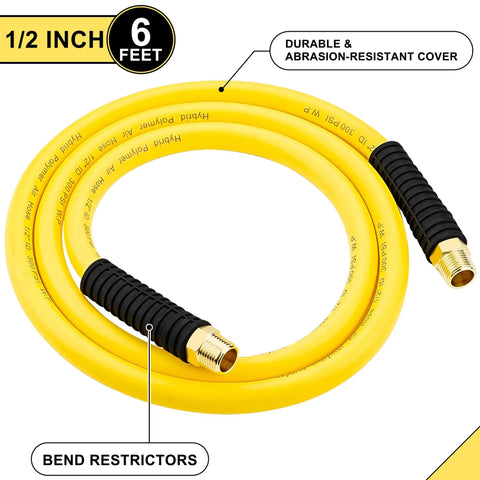 High Flow Half Inch By Six Foot Hybrid Air Compressor Hose Delivering Three Hundred Psi For Serious Work And Quick Fixes Runs Slick And Holds Up Under Heavy Load Every Time, yellow with bend restrictors.