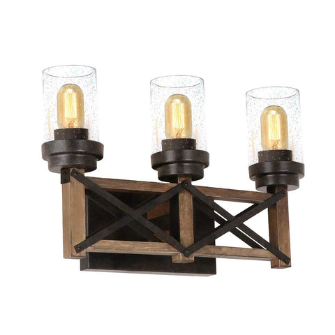 Industrial Three Light Vanity Fixture With Seeded Glass Shades 18.9 Inch Rustic Farmhouse Vibe Wall Sconce In Black And Brown Metal