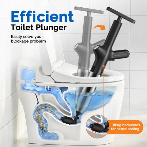 Heavy Duty High Pressure Toilet Plunger Wipes Out Bathroom Blockages Straight Up Effortlessly, shown in toilet with suction action.