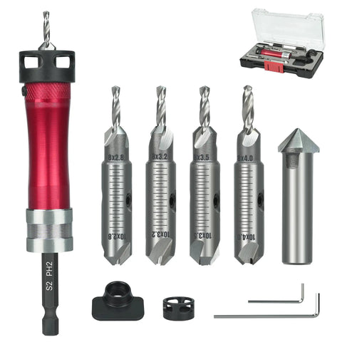 Pro Grade 10 In 1 Countersink Drill Bit Set With Depth Stop And Chamfer Tool, One Quarter Inch Hex Shank, M2 HSS Countersink Bits