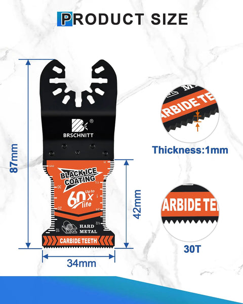Heavy Duty Carbide Oscillating Multi Tool Blades 3 Pack With Dead Nuts Tight Quick Release Mount, size 87mm x 34mm, carbide teeth.