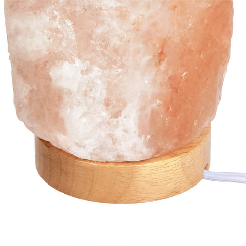 Natural Himalayan Salt Lamp With Wood Base And Dimmer Switch, Crystal Pink Rock, 5 to 7 lbs, close-up on wood base detail
