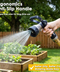 Person using Heavy Duty Fireman Style Hose Nozzle With Eight Spray Patterns, Lever Control Ergonomic Grip for garden watering