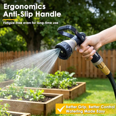Person using Heavy Duty Fireman Style Hose Nozzle With Eight Spray Patterns, Lever Control Ergonomic Grip for garden watering