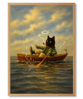 Vintage Cat Rowboat Framed Wall Art Cozy Coastal Ocean Scene Print For Living Room Bedroom Dorm Office Retro Aesthetic Canvas Painting Poster Gallery Wrapped 24 By 36 Inches Funny Trendy Vibe Wall Decor