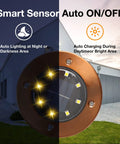 Solar Ground Lights Outdoor Waterproof Disk In Ground Lights 8 Pack showing auto sensor feature at night and day.