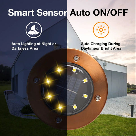 Solar Ground Lights Outdoor Waterproof Disk In Ground Lights 8 Pack showing auto sensor feature at night and day.