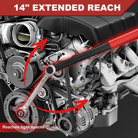 Universal Serpentine Belt Ratcheting Tool Set 15 Piece Pro Grade Belt Tensioner Kit in use with 14-inch extended reach