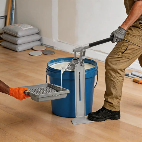 Heavy Duty Manual Loading Paste Pump With 15 Inch Handle and Stable Aluminum L Base for Thick Liquids in use with a blue bucket.