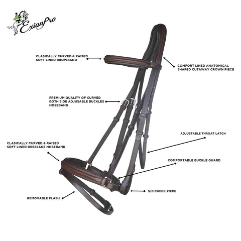Brown Dressage Bridle With Padded Anatomic Veg Tanned Leather Set, featuring crank noseband and mono crown with flash tack.