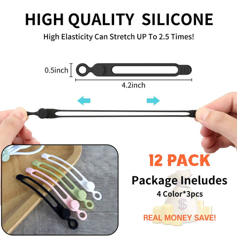 Silicone Cable Ties Reusable Cord Management Organizer For Home Office And Tech Cables Multipurpose Elastic Tie For Bundling And Fastening Wires No Fuss Soft Flexible Durable Black White Pink Green, shown in hand to demonstrate stretch and package of 12 in four colors.