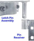 Rolo Gate Latch For Chain Link Gates Fits One Five Eighths Inch And One Seven Eighths Inch Gate Frames With Latch Pin Assembly And Mounting Hardware, Pin Receiver Attaches To Fence Post With Brace Bands Sold Separately, showing latch pin assembly and pin receiver parts.