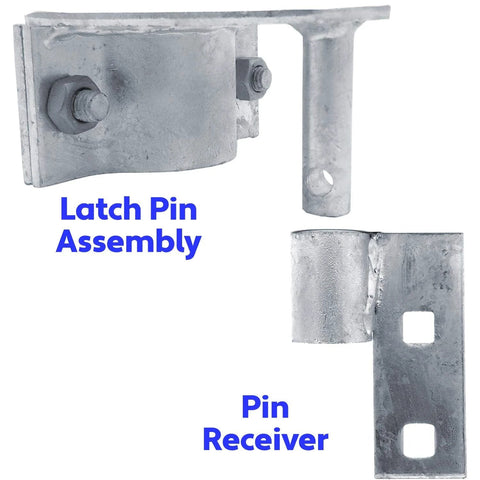 Rolo Gate Latch For Chain Link Gates Fits One Five Eighths Inch And One Seven Eighths Inch Gate Frames With Latch Pin Assembly And Mounting Hardware, Pin Receiver Attaches To Fence Post With Brace Bands Sold Separately, showing latch pin assembly and pin receiver parts.