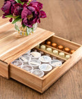 Acacia Wood Coffee Pod Drawer Organizer For K Cups And OriginalLine on kitchen counter, open drawer with pods inside, natural finish
