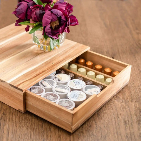 Acacia Wood Coffee Pod Drawer Organizer For K Cups And OriginalLine on kitchen counter, open drawer with pods inside, natural finish