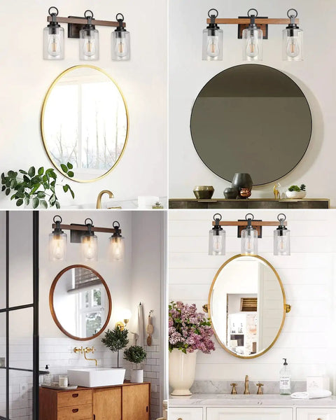 Farmhouse 3 Light Vanity Fixture With Seeded Glass Shades Black Rustic Wall Sconce Over Various Bathroom Mirrors