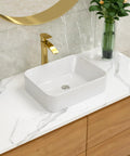 No Cap Quality Rectangular Vessel Sink, White Porcelain Countertop Bathroom Vanity Basin, 19 By 15 Inch Above Counter angle view with faucet.