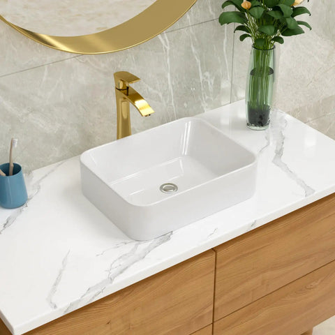 No Cap Quality Rectangular Vessel Sink, White Porcelain Countertop Bathroom Vanity Basin, 19 By 15 Inch Above Counter angle view with faucet.