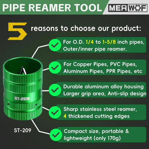 MERWOF green metal pipe reamer for copper and PVC pipes; deburring and chamfering tubing from 1/4" to 1-5/8".