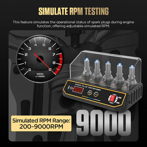 Five Hole Spark Plug Tester With Adjustable RPM 200 To 9999 And Variable Hole Height For 12V Cars And Motorcycles Pro Grade Protective Cover Digital Display Status Indicators Engine Ignition Coil Tester For Quick Spark Plug Comparison, 5 spark plugs, 9000 RPM shown