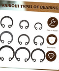 Assorted sizes of snap rings from 100 Piece Steel Snap Ring Set For Shafts And External Circlips displayed on a white background