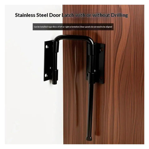 ZOMMRFVG 1Set Non Perforated stainless steel door latch mounted on a wooden door, suitable for no-drill installation.