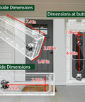 Anti Theft Video Doorbell Mount In Transparent Acrylic Lock Box for small doorbells showing dimensions and installation on door.