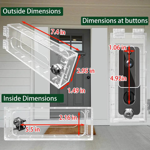 Anti Theft Video Doorbell Mount In Transparent Acrylic Lock Box for small doorbells showing dimensions and installation on door.