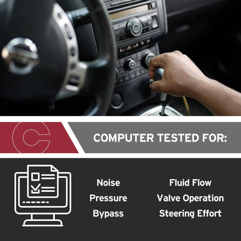 Interior shot of a car dashboard with gear shift, showcasing computer testing for remanufactured power steering gear.