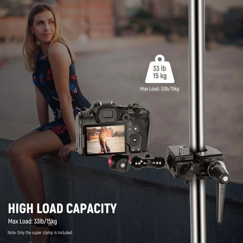 NEEWER camera super clamp with 5/8-inch stud mounted on a vertical pole; max load 33 lb/15 kg