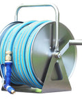 Heavy Duty Portable Wall Mount Garden Hose Reel With Durable Stainless Steel Hand Crank and blue hose in a metal frame.