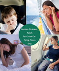 Collage of people experiencing motion sickness on car, cruise, plane highlighting Motion Sickness Patches For Car And Boat Rides And Planes