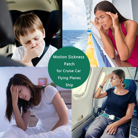Collage of people experiencing motion sickness on car, cruise, plane highlighting Motion Sickness Patches For Car And Boat Rides And Planes