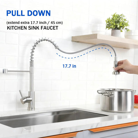 Rock Solid Brushed Nickel Kitchen Faucet With Pull Down Sprayer And 18.5 Inch High Arc Spout built from tough stainless steel in action.