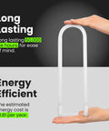 Hands holding U-Bend LED Tube Light 15W T8 Replaces 32W Fluorescent U-Bend, 2100 Lumens Cool White 4000K, 50,000 hour lifespan