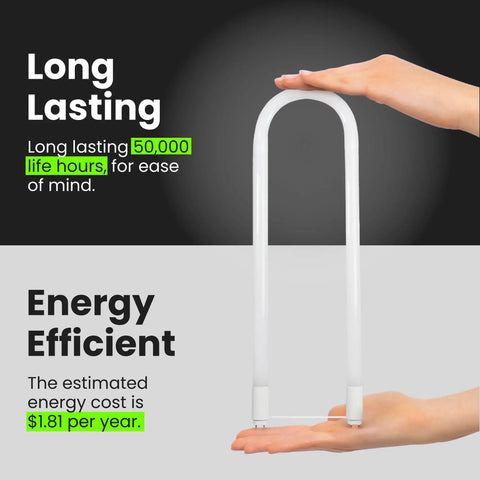 Hands holding U-Bend LED Tube Light 15W T8 Replaces 32W Fluorescent U-Bend, 2100 Lumens Cool White 4000K, 50,000 hour lifespan