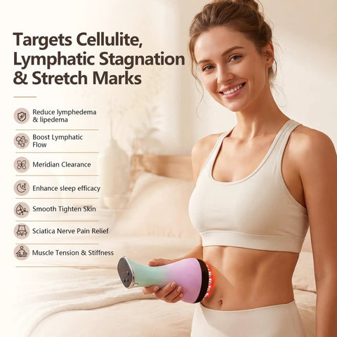 Woman using 4 In 1 Lymphatic Drainage Massager With Heat Red Light Vibration And Microcurrent For Cellulite Reduction And Stretch Mark Care