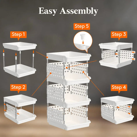 Four Tier Stackable Storage Bins For Kitchen Pantry RV And Home Organization With Dope Front Opening Design, white, easy assembly.
