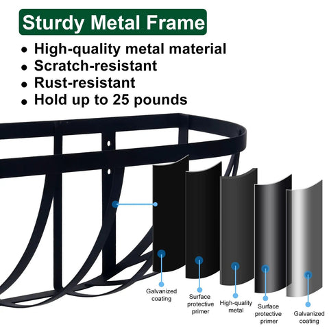 Rock Solid Metal Railing Planter Two Pack 24 Inch Rust Proof Window Box with sturdy metal frame details and galvanized coating.