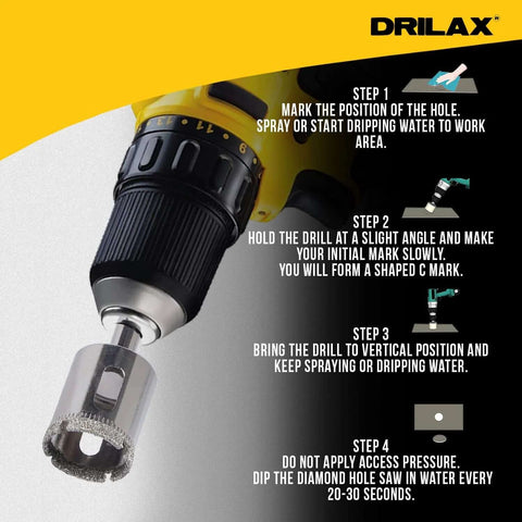 Drilax 1-inch diamond core drill bit on a drill; silver metal body with diamond-coated edge