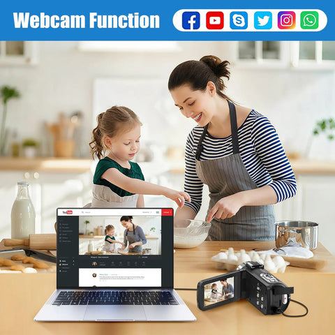 4K Camcorder For YouTube Vlogging With 80MP Image Capture, mother and child baking, camera connected to laptop webcam function