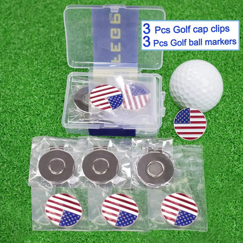 Six Piece Golf Ball Markers With Magnetic Hat Clips Value Set for Men and Women Golfers including clear case and markers.