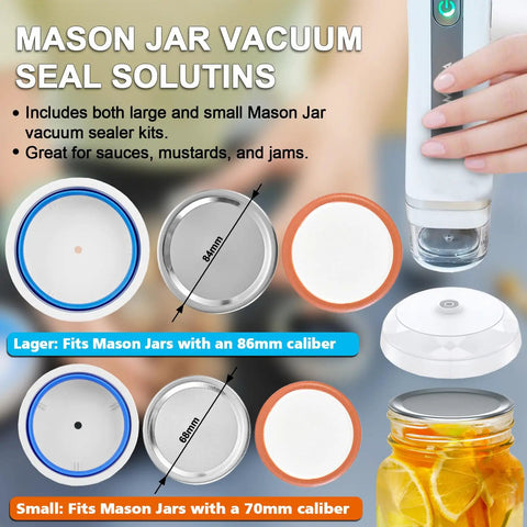 Mason jar vacuum seal lids with sizes shown, part of No Frills Set Of 30 BPA Free Reusable Sous Vide Vacuum Bags With Air Valve.