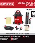 9 Gallon 4.25 Peak HP Wet Dry Shop Vacuum Portable Cleanup Machine For Home Garage And Auto includes filter, hose, attachments