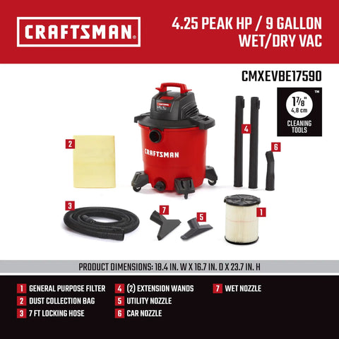 9 Gallon 4.25 Peak HP Wet Dry Shop Vacuum Portable Cleanup Machine For Home Garage And Auto includes filter, hose, attachments