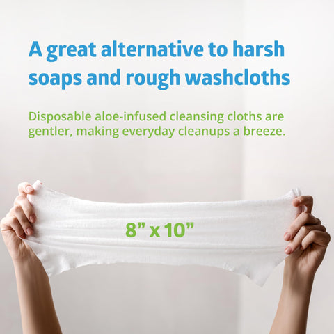 Hands holding 8x10 inch Aloe Based Personal Cleansing Wipes For Sensitive Skin, Scented, Large, PreMoistened And Alcohol Free