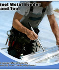 Man using a 15.25 Inch Sheet Metal Bender With Sturdy Handle For Steel Bending Up To 1 Inch Deep on metal roofing sheet.